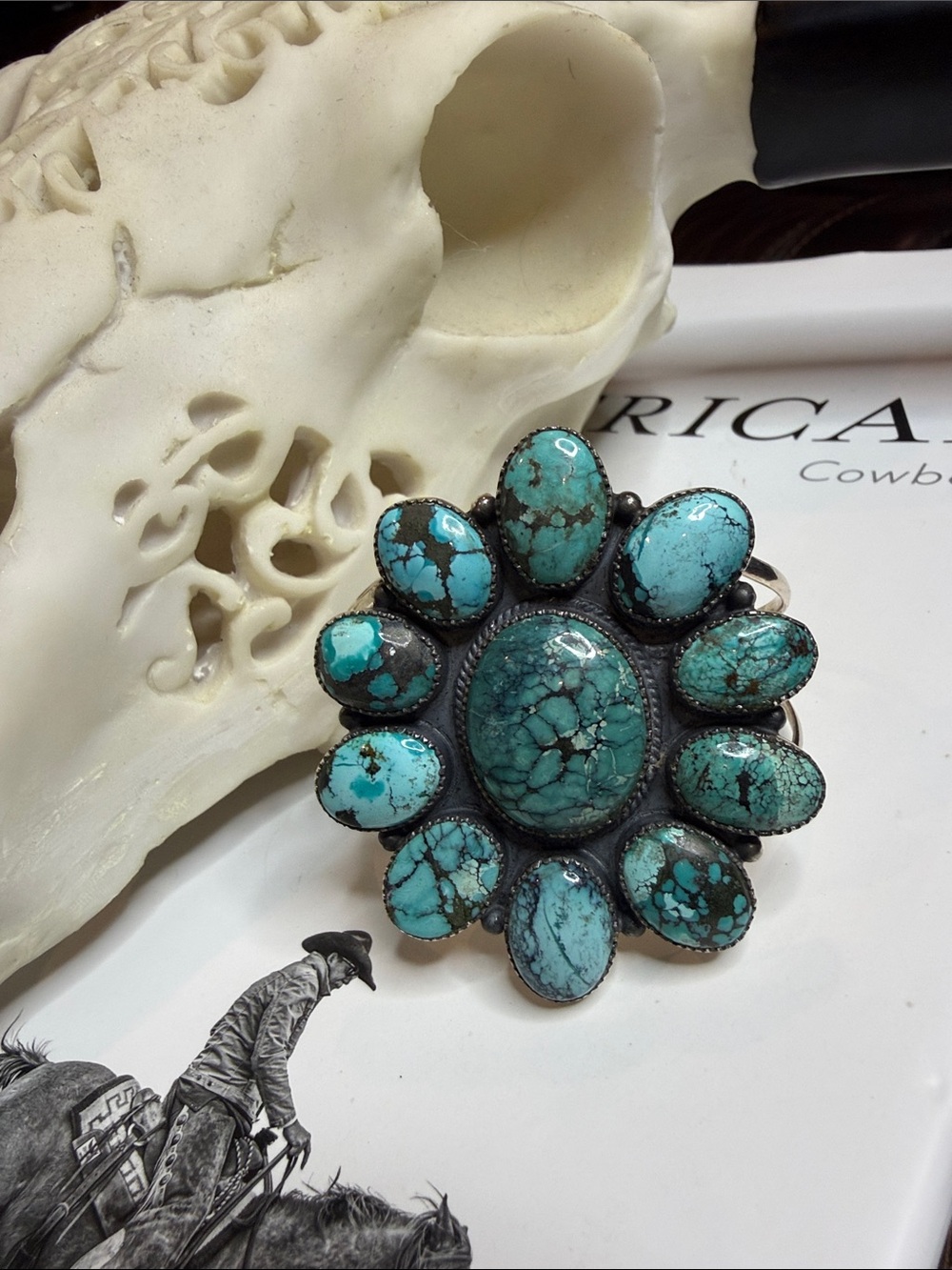 Sterling Silver Turquoise Cluster Statement Cuff 9.25